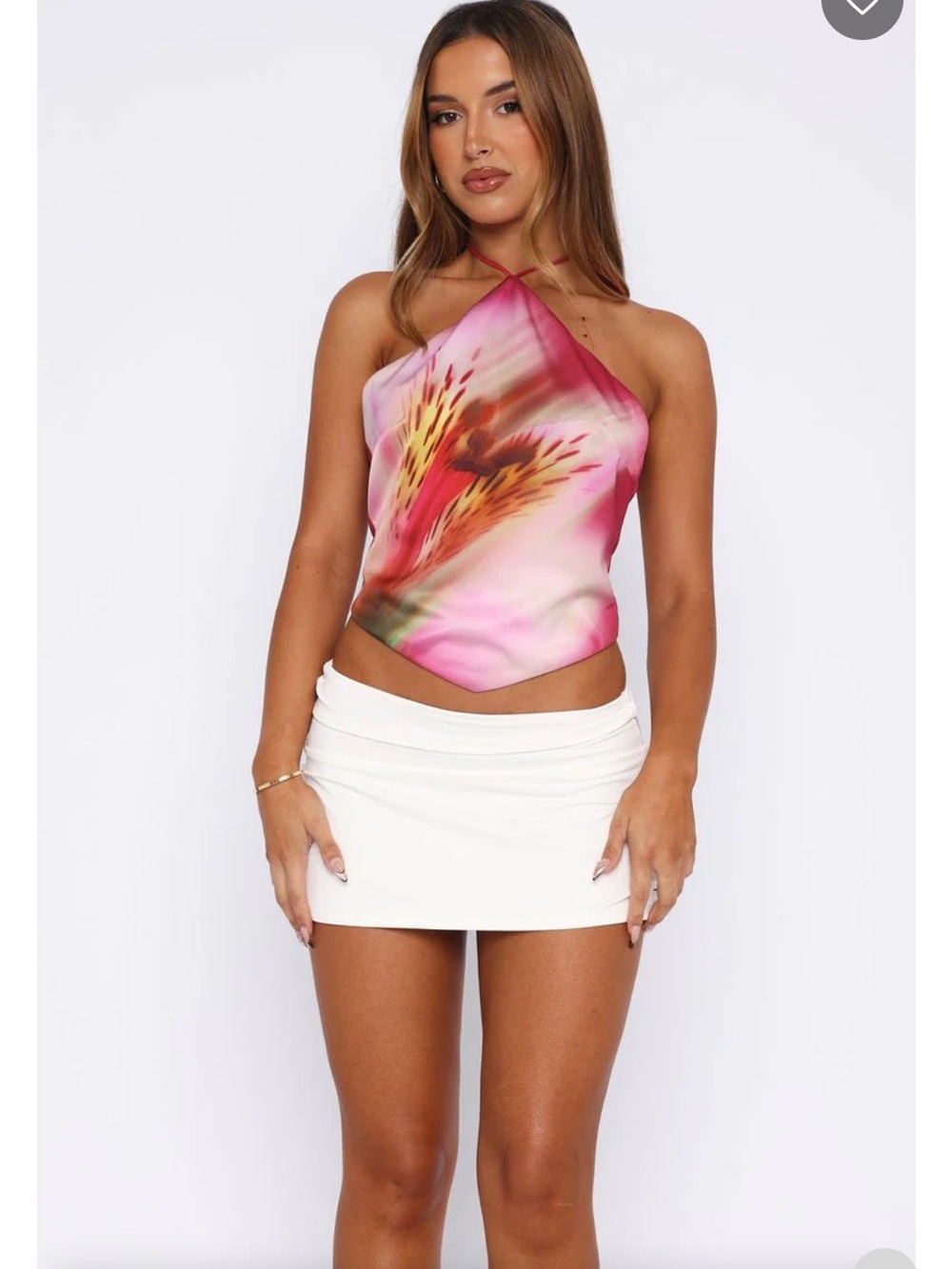 White Fox Pink Floral Halter Satin Scarf Top